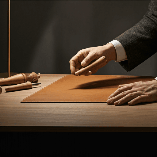 Master artisan working in a brightly lit, minimalist atelier with rich leather tones
