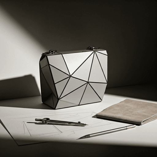 Rigid, geometric handbag design sketch resting on a clean studio workspace