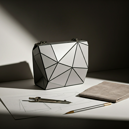 Rigid, geometric handbag design sketch resting on a clean studio workspace